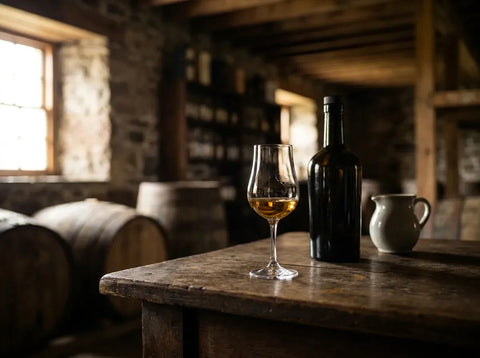 Verre de dégustation de whisky ambré devant des fûts de chêne dans un chai sombre