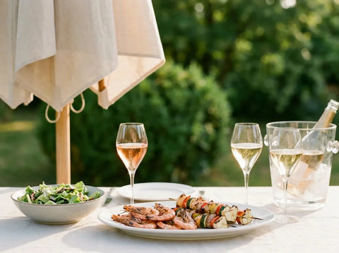 Repas d'été au jardin sous un parasol : brochettes de crevettes et légumes grillés, un rosé effervescent saumoné et un crémant doré.