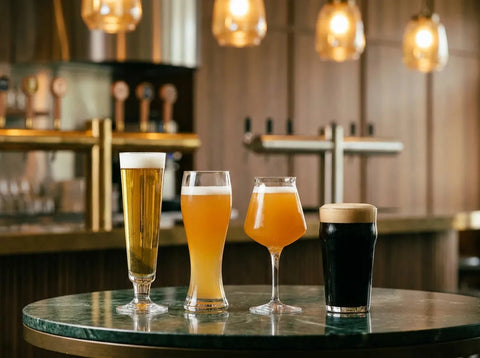 Quatre styles de bière dans leur verre, lager dorée, bière de blé trouble, IPA orangée et stout noire, sur une table de bar à bières.