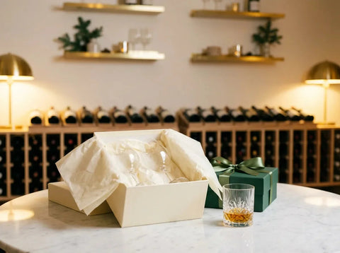 Coffret cadeau crème garni de papier de soie avec deux verres en cristal, une boîte verte à ruban et un verre de spiritueux ambré.
