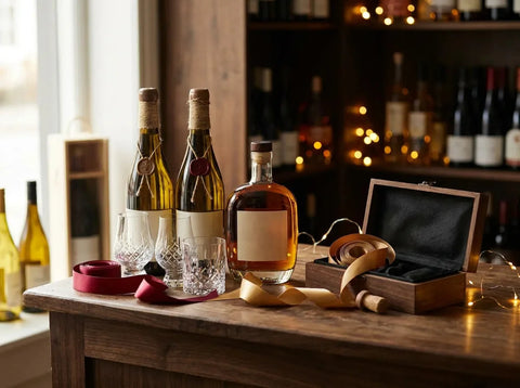 Composition d'idées cadeaux sur un comptoir en bois : bouteilles, verres de dégustation, rubans et coffret ouvert