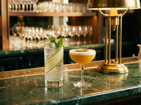 Deux mocktails sur un comptoir en marbre vert : un long drink concombre et basilic et une coupe dorée passion gingembre, lampe en laiton.