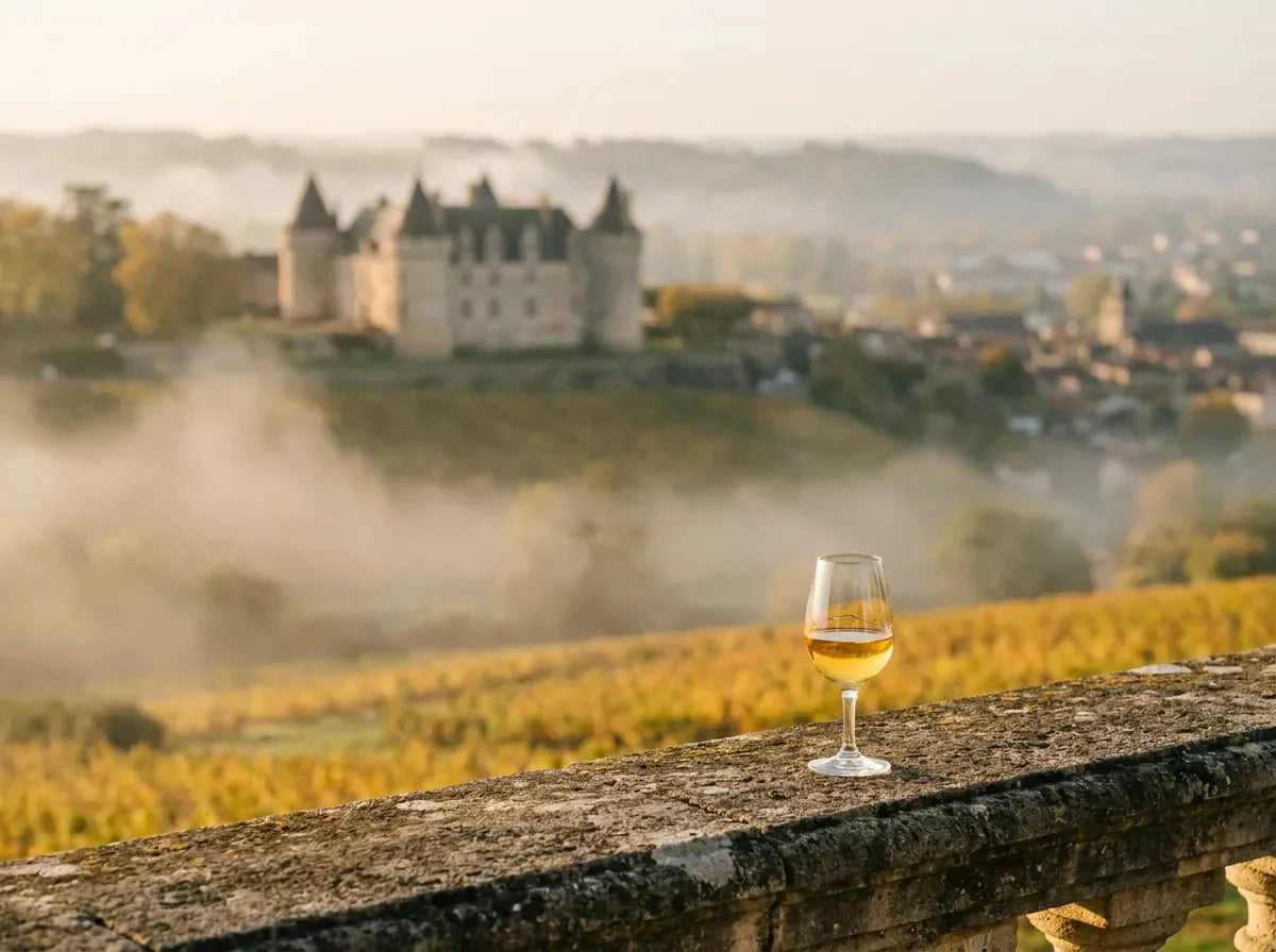 Coteaux de Monbazillac en automne face à Bergerac, château à tours rondes et brumes de la Dordogne, un verre de liquoreux doré au premier plan.