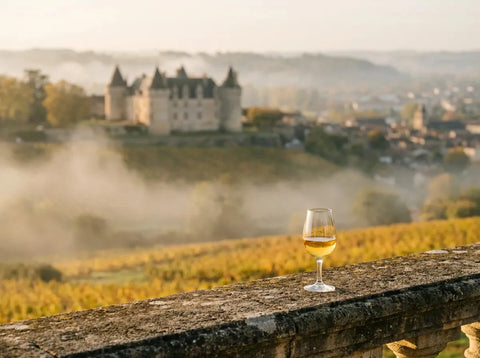 Coteaux de Monbazillac en automne face à Bergerac, château à tours rondes et brumes de la Dordogne, un verre de liquoreux doré au premier plan.
