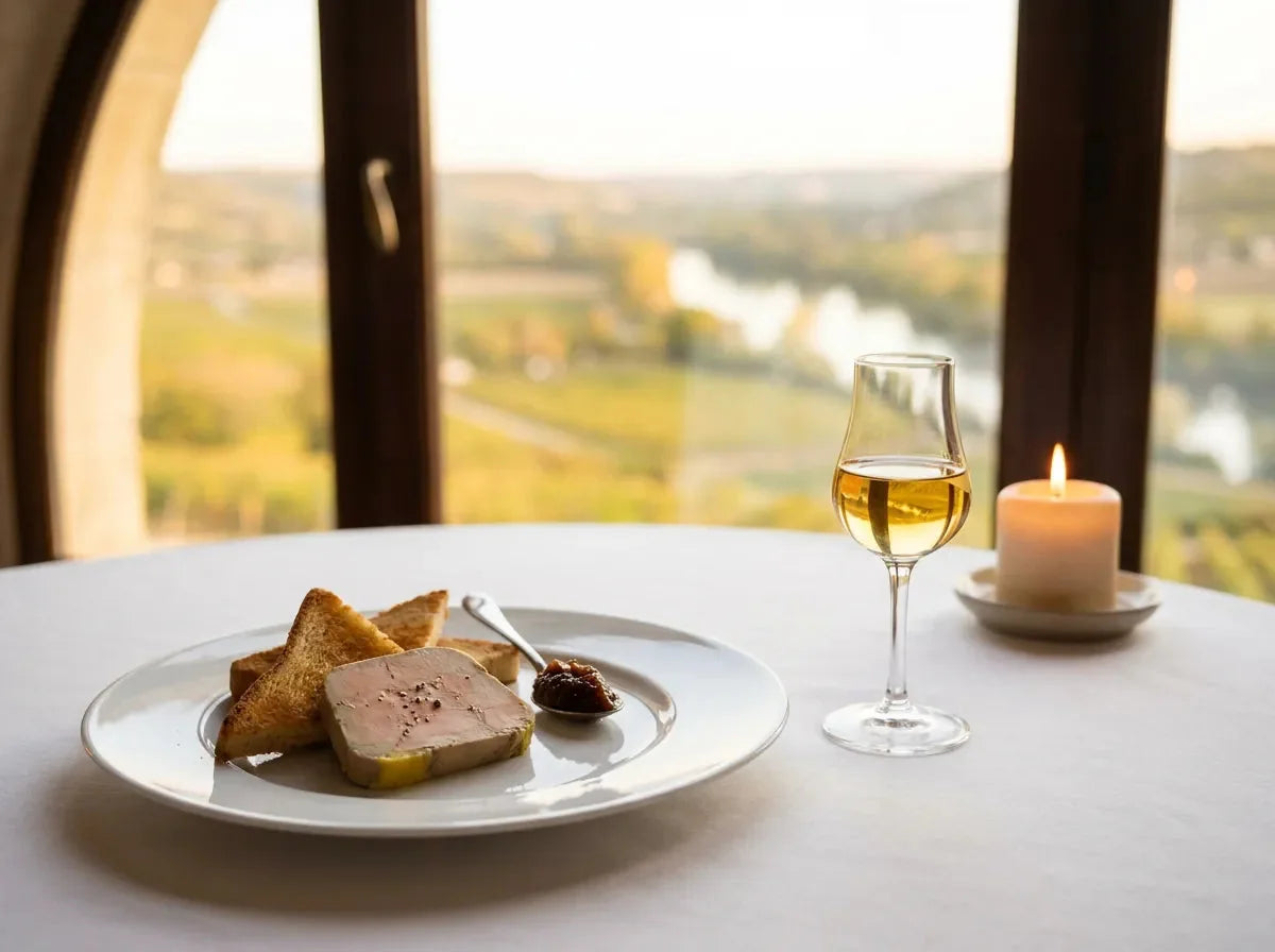 Tranche de foie gras mi-cuit avec brioche toastée et chutney de figue, près d'un verre de Monbazillac doré, vallée de la Dordogne au fond.