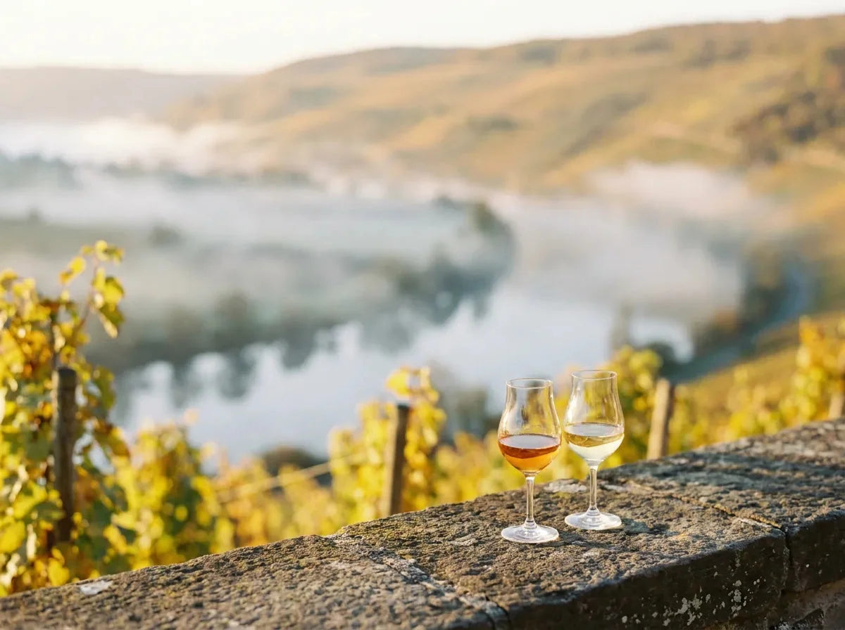 Deux verres de vins liquoreux, l'un doré, l'autre ambré, sur un parapet en pierre face à des vignes d'automne noyées de brume.