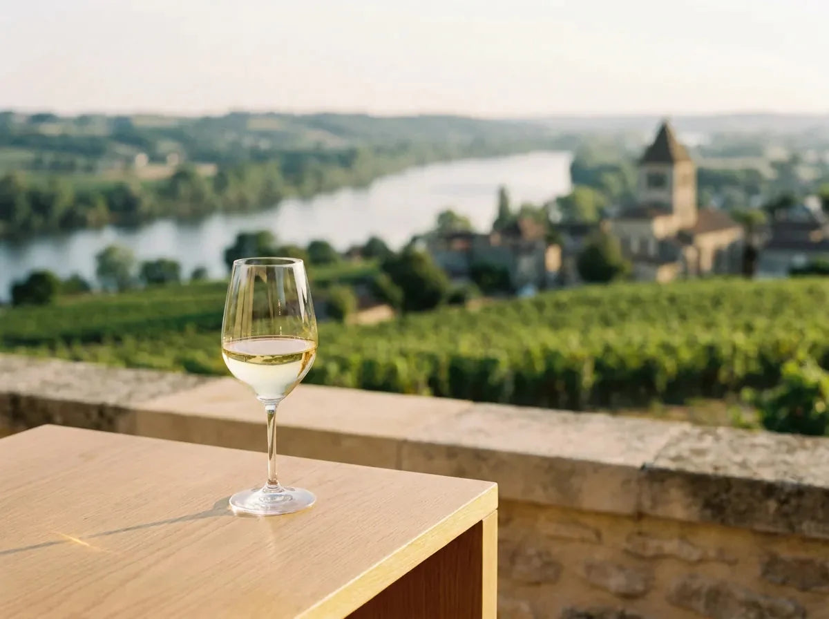 Coteaux de Montravel descendant vers la Dordogne au soleil couchant, clocher de village au loin, un verre de vin blanc sec doré au premier plan.