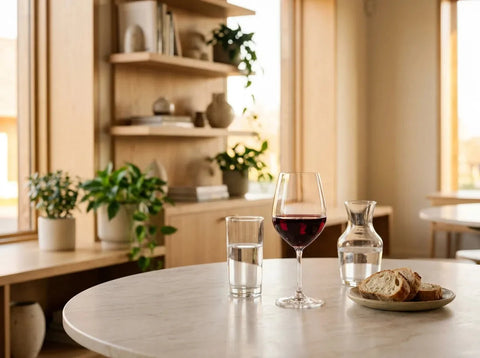 Verre de vin rouge rubis à côté d'un grand verre d'eau fraîche, d'une carafe et de quelques tranches de pain sur une table en marbre clair.