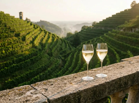 Deux verres de vin effervescent pâle sur un parapet en pierre, face aux collines escarpées de vignes de Valdobbiadene au soleil couchant.
