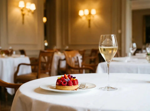 Table de restaurant élégant : une tarte aux fruits rouges sur porcelaine fine et un verre tulipe de champagne demi-sec aux fines bulles dorées.