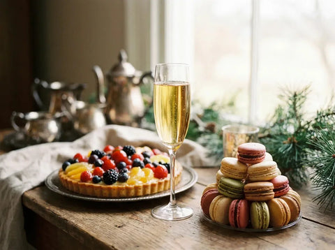 Flûte de champagne doré à côté d'une tarte aux fruits et de macarons colorés sur une table élégante