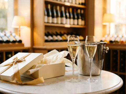 Coffret ivoire au ruban doré dénoué, papier de soie, seau à glace en argent et deux flûtes de champagne doré sur un guéridon en marbre blanc.