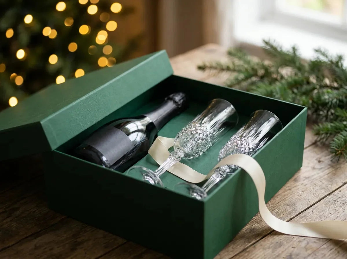 Bouteille de champagne dans un coffret cadeau avec deux flûtes en cristal et un ruban, ambiance festive