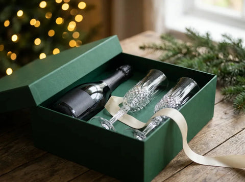 Bouteille de champagne dans un coffret cadeau avec deux flûtes en cristal et un ruban, ambiance festive