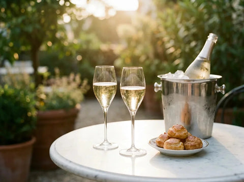 Apéritif en terrasse au soleil couchant : deux verres de champagne doré aux bulles fines, des gougères et un seau à glace en argent.