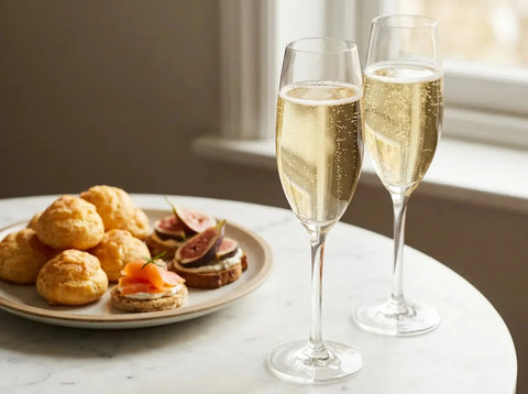 Deux flûtes de champagne aux fines bulles dorées à côté d'une assiette de gougères et de canapés sur une table en marbre