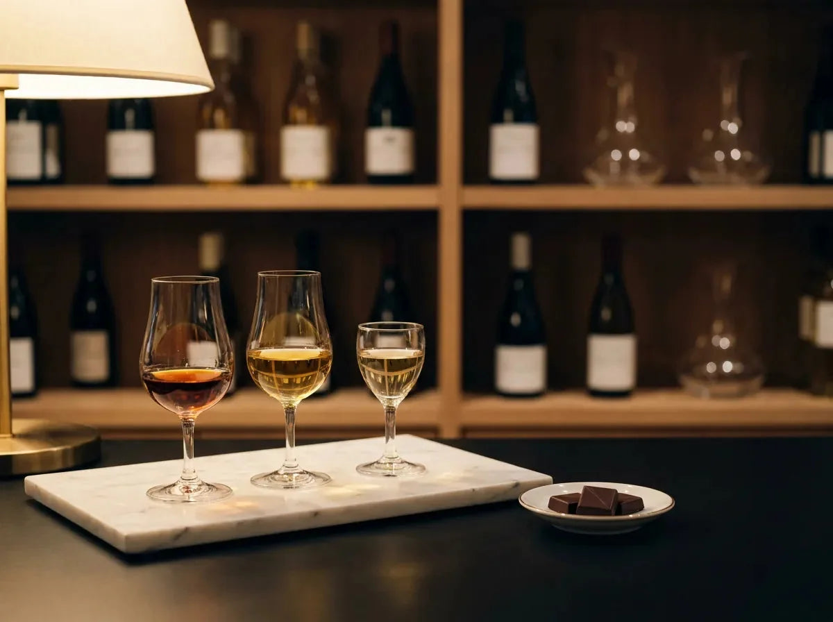 Trois digestifs sur un plateau de marbre, armagnac ambré, calvados doré et liqueur de plantes, avec quelques carrés de chocolat noir.