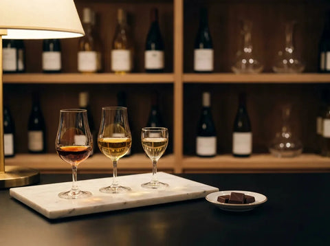Trois digestifs sur un plateau de marbre, armagnac ambré, calvados doré et liqueur de plantes, avec quelques carrés de chocolat noir.