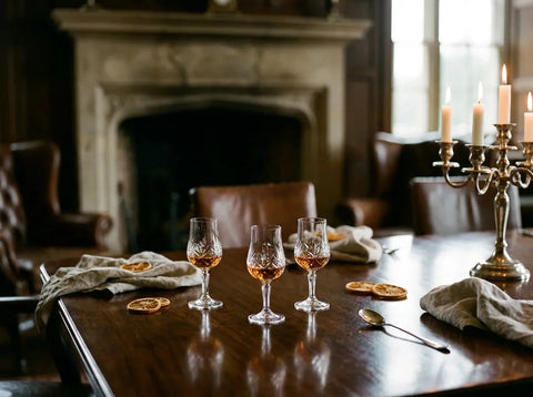 Trois petits verres de digestifs ambrés sur une table en bois sombre à la lueur des bougies après le dîner