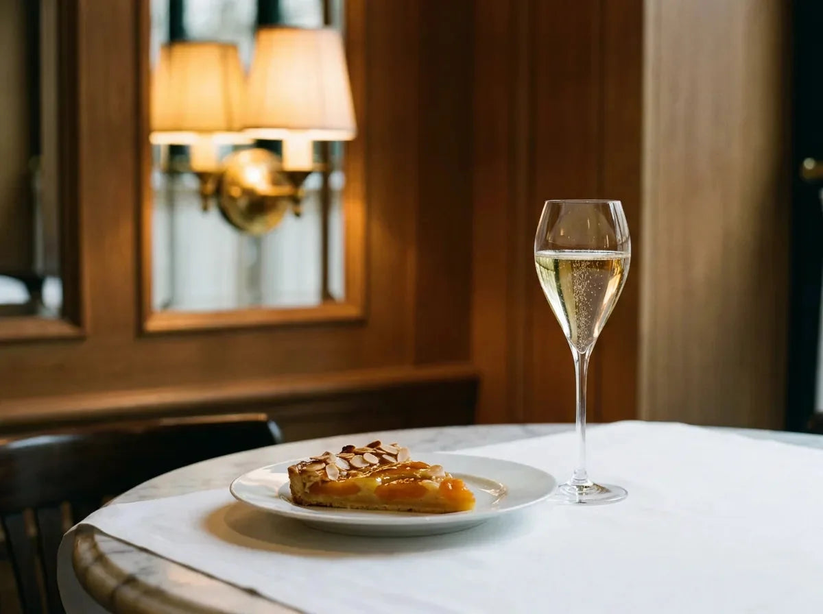 Table de bistrot chic : une part de tarte aux abricots et amandes avec un verre tulipe de vin effervescent doux, doré et finement bullé.
