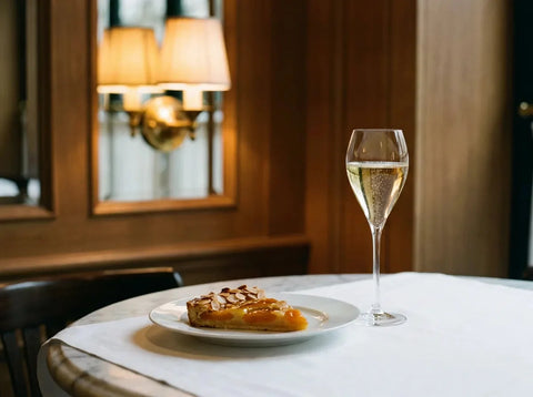 Table de bistrot chic : une part de tarte aux abricots et amandes avec un verre tulipe de vin effervescent doux, doré et finement bullé.