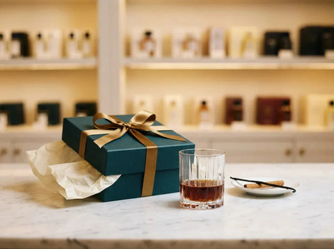 Coffret bleu canard au ruban cuivré et papier de soie, avec un verre de rhum vieux ambré, une gousse de vanille et un bâton de cannelle.