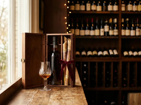 Coffret cadeau en bois avec une bouteille de rhum ambré, un verre à dégustation, des cannes à sucre et un ruban grenat