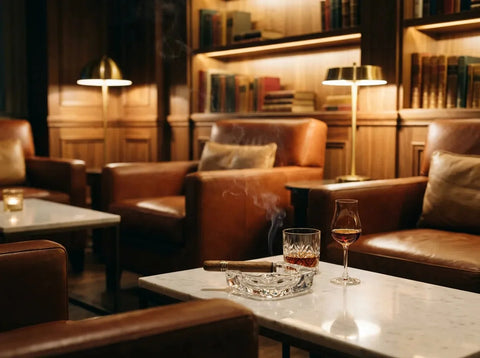 Salon cigare feutré aux fauteuils de cuir : un cigare posé sur un cendrier en cristal, un verre de rhum ambré et un verre d'armagnac acajou.