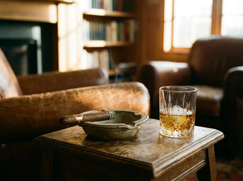 Cigare posé sur un cendrier près d'un verre de spiritueux ambré, fauteuil en cuir et lumière feutrée de bibliothèque