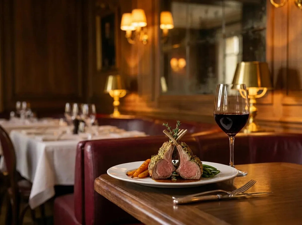 Carré d'agneau rôti découpé en côtes rosées, carottes glacées et haricots verts sur une assiette blanche, avec un verre de vin rouge rubis
