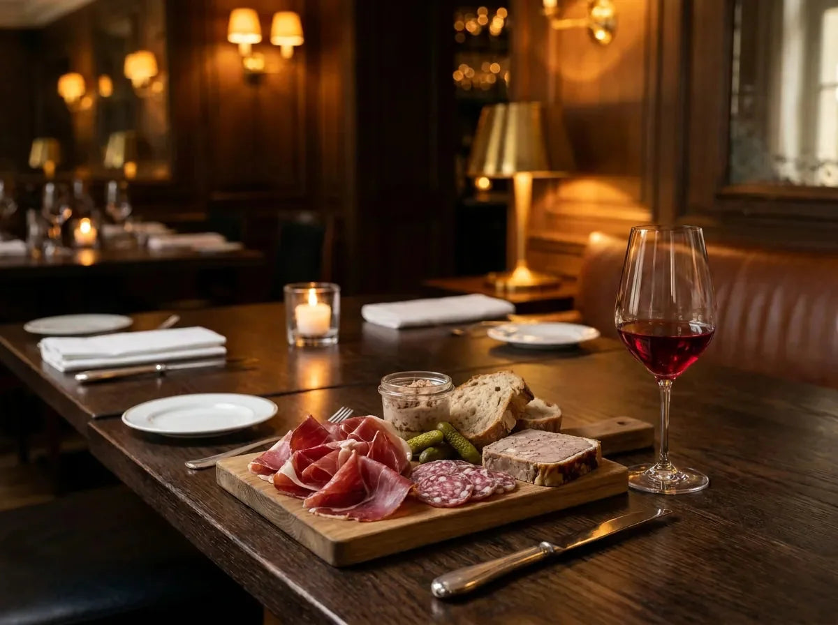 Planche de charcuterie avec jambon cru, saucisson, terrine, rillettes et cornichons, à côté d'un verre de vin rouge rubis, dans un bistrot chic