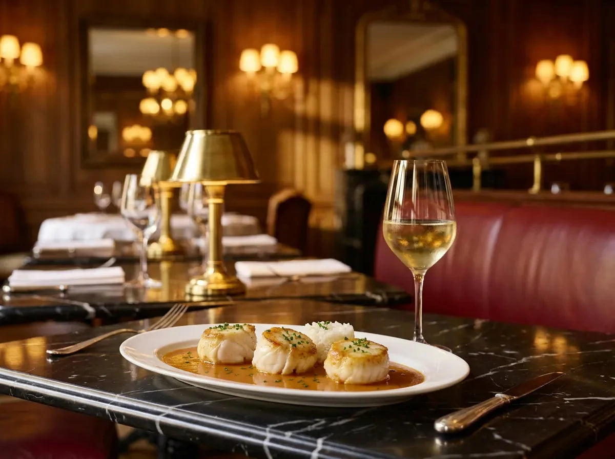 Médaillons de lotte rôtie dorés dans une sauce armoricaine orangée avec du riz blanc, à côté d'un verre de vin blanc doré, dans un bistrot chic