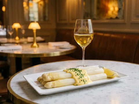 Asperges blanches nappées de sauce mousseline et ciboulette sur une assiette blanche, avec un verre de vin blanc jaune doré