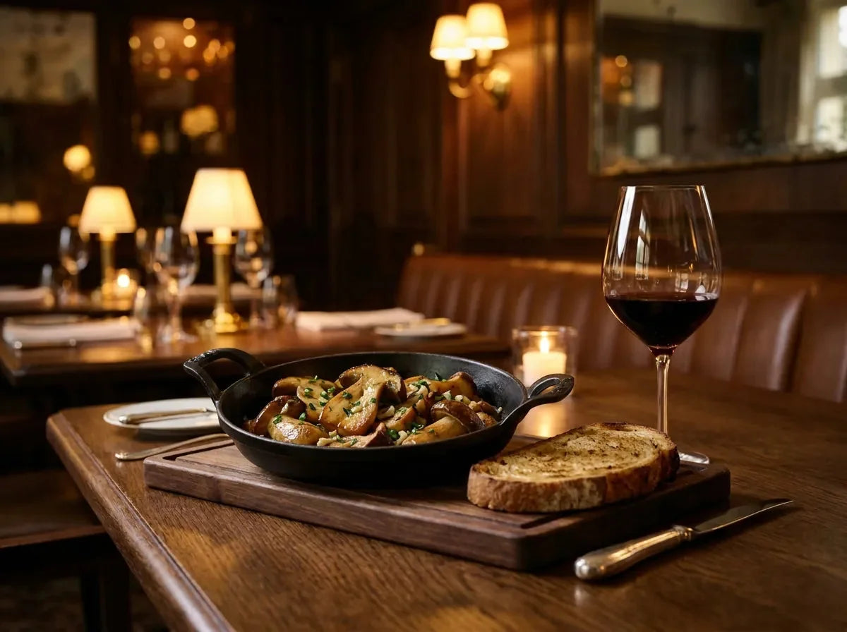 Cèpes poêlés dorés à l'ail et au persil dans une poêle en fonte, pain de campagne grillé et verre de vin rouge grenat, dans un bistrot chic