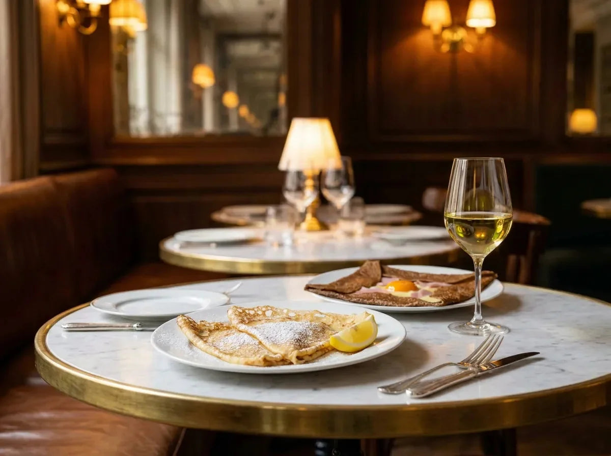Crêpes au sucre et au citron et galette de sarrasin complète à l'œuf, avec un verre de vin moelleux doré pour la Chandeleur