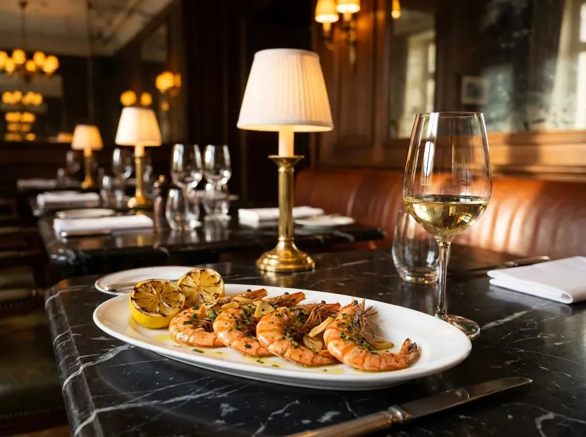 Gambas grillées à l'ail et au persil sur un plat blanc avec des demi-citrons grillés, à côté d'un verre de vin blanc jaune pâle, dans un bistrot chic