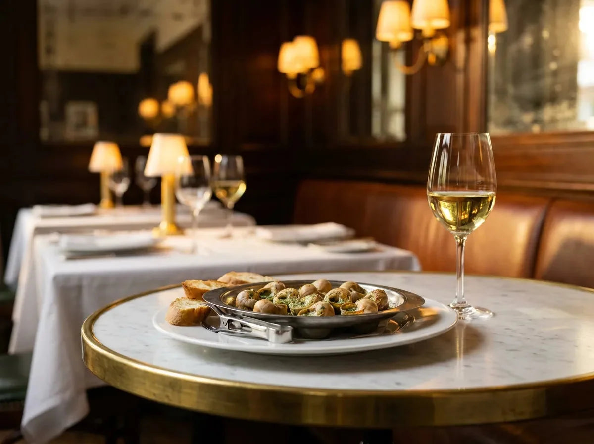 Plat de douze escargots de Bourgogne au beurre persillé, pain grillé et pince à escargots, avec un verre de vin blanc jaune pâle, dans un bistrot chic