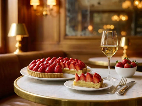 Tarte aux fraises sur pâte sablée et bol de fraises fraîches, avec un verre de vin moelleux doré pour le dessert