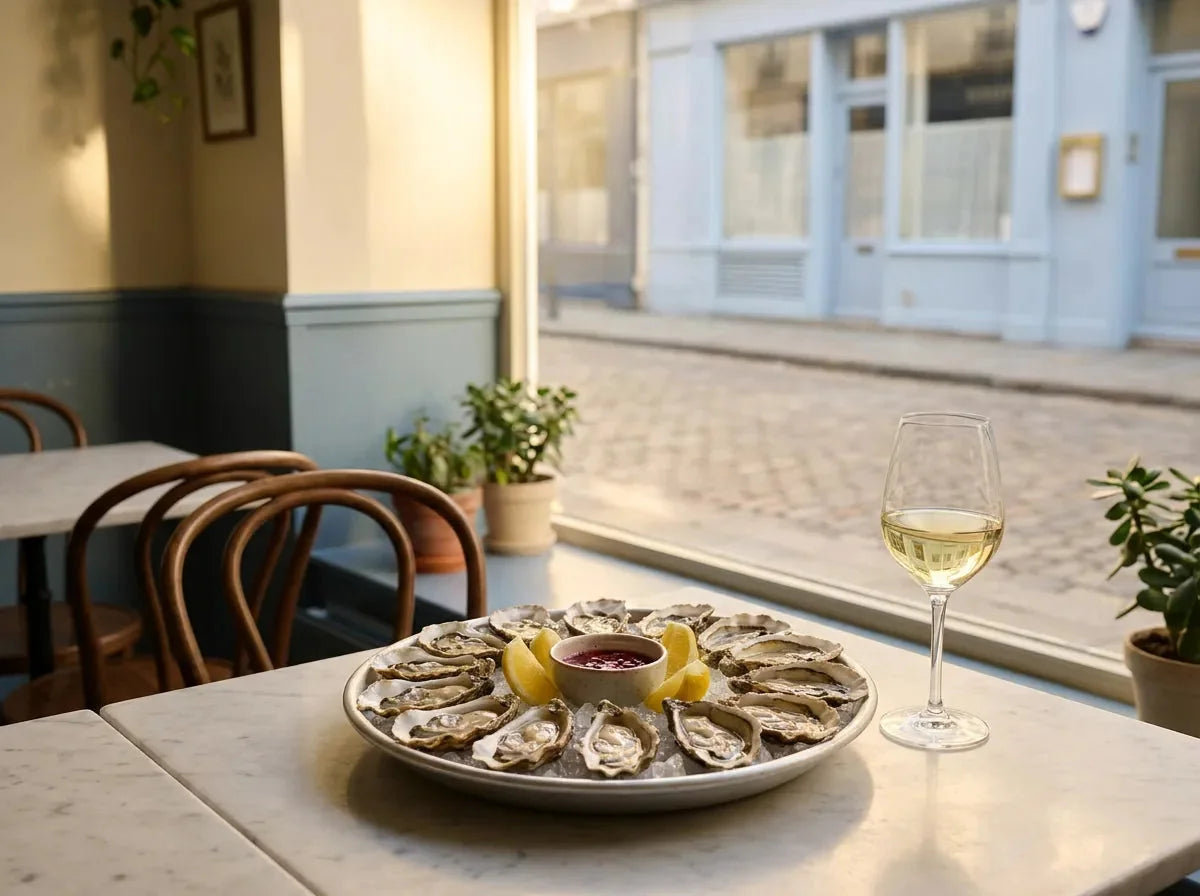 Huîtres ouvertes sur glace pilée avec citron et vinaigre à l'échalote, servies avec un verre de vin blanc sec pâle dans un bistrot marin.