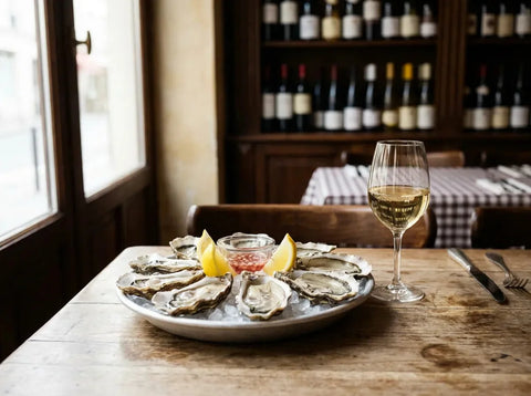 Plateau d'huîtres fraîches sur glace avec quartiers de citron et verre de vin blanc sec sur une table de bistrot