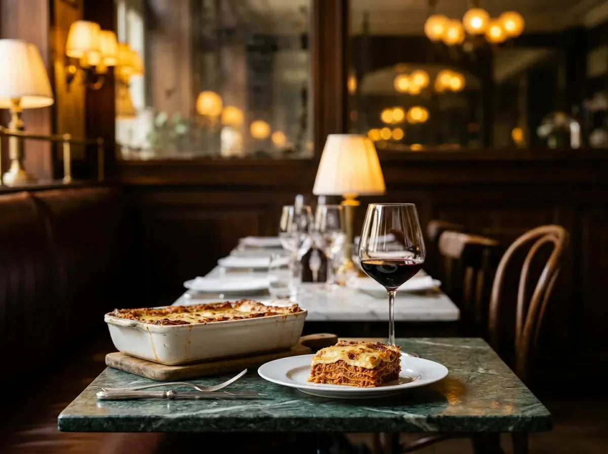 Plat de lasagnes à la bolognaise gratinées, une part servie montrant les couches de pâte, de ragù et de béchamel, avec un verre de vin rouge rubis, dans un bistrot chic