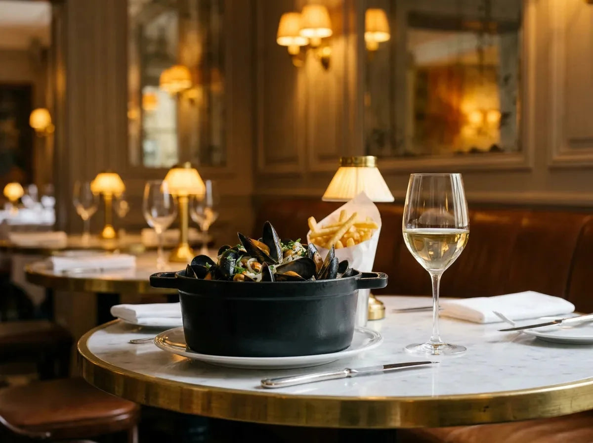 Cocotte noire de moules marinières au persil, cornet de frites dorées et verre de vin blanc sec jaune pâle aux reflets verts, dans un bistrot chic