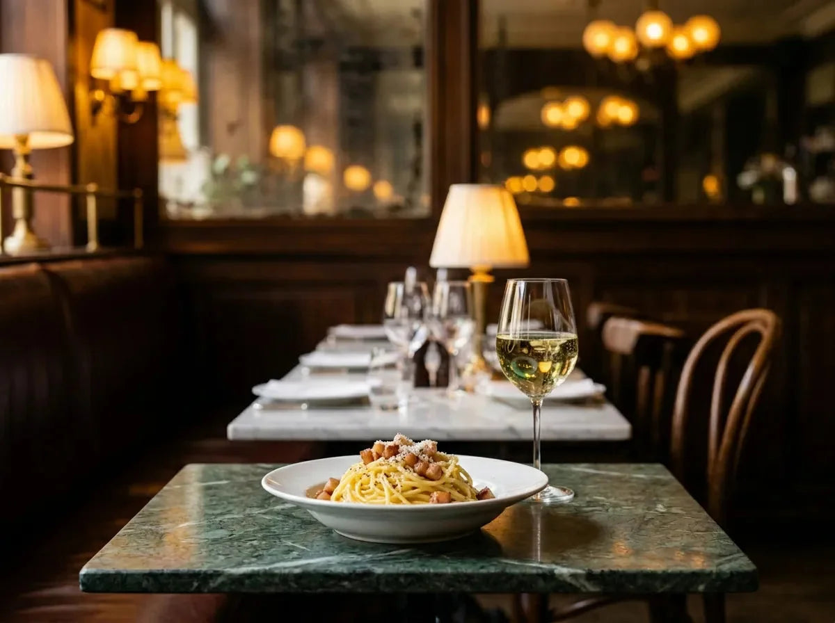 Assiette creuse de spaghetti carbonara au guanciale doré et au poivre noir, avec un verre de vin effervescent jaune paille, dans un bistrot chic