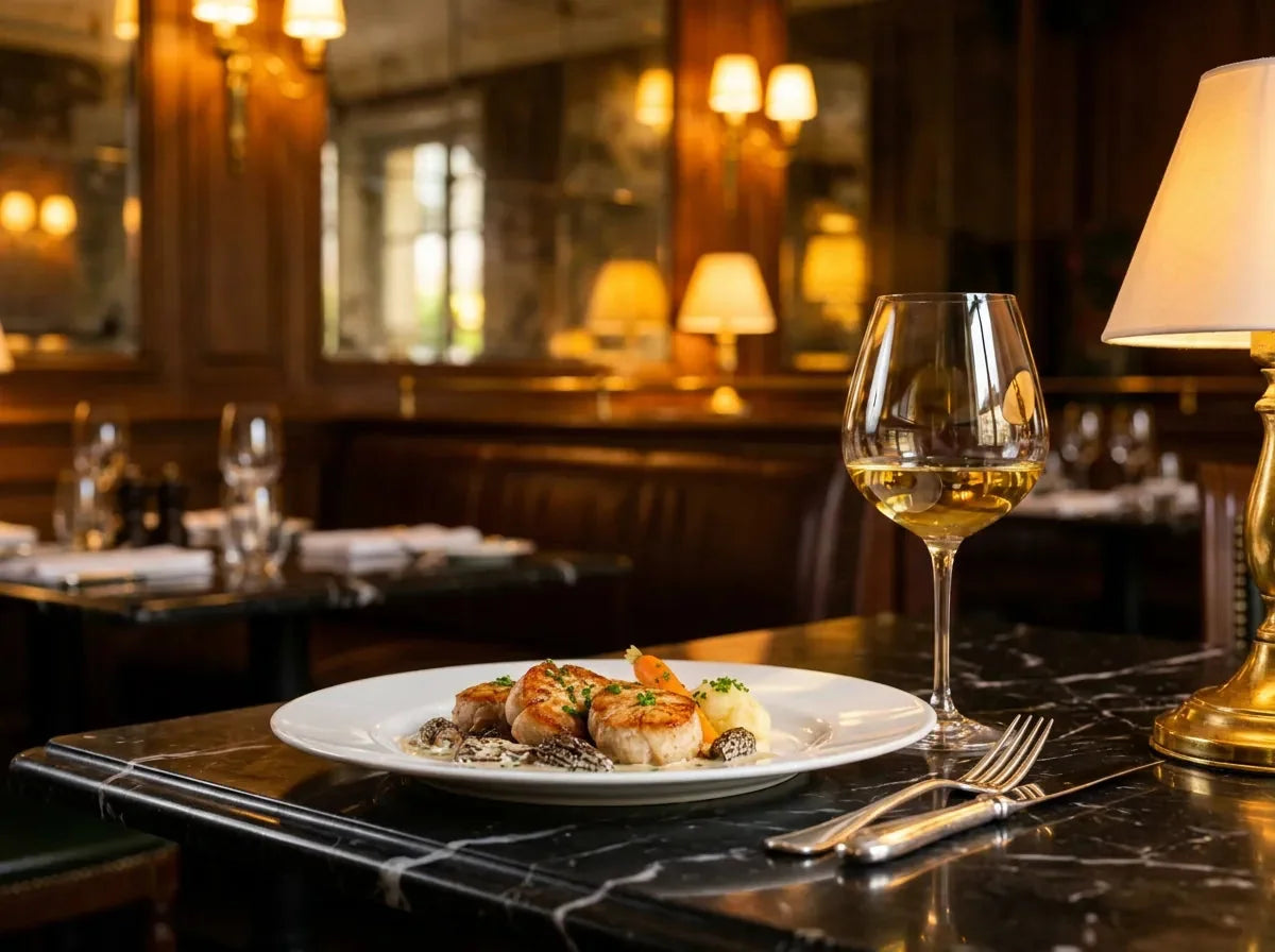 Ris de veau dorés nappés de sauce à la crème et aux morilles dans une assiette blanche, avec un verre de vin blanc doré, dans un bistrot chic