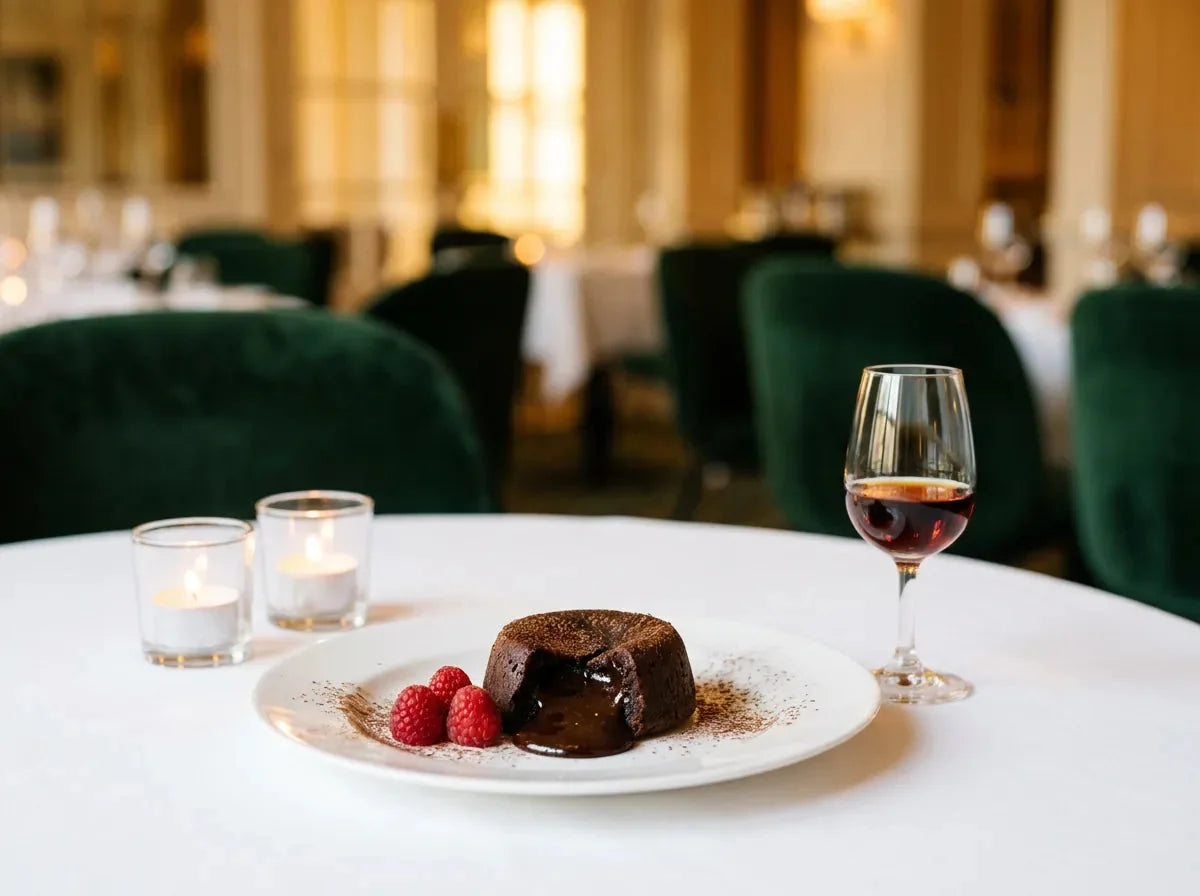 Fondant au chocolat noir au cœur coulant et framboises, servi avec un petit verre de Banyuls grenat tuilé à la lueur des bougies.
