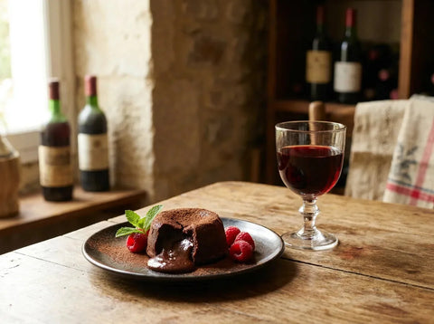 Dessert au chocolat noir avec un verre de vin doux naturel ambré sur une table élégante