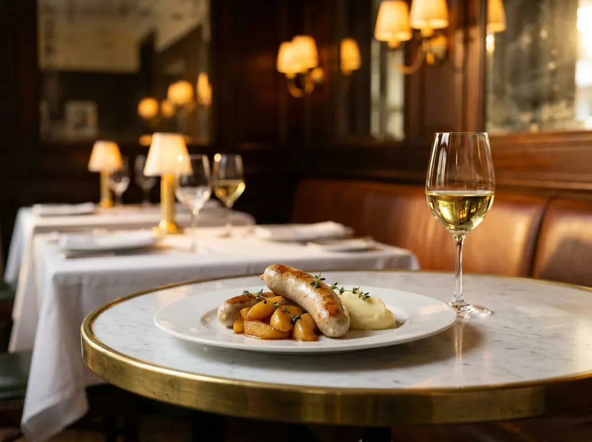 Boudins blancs poêlés dorés avec des quartiers de pommes caramélisées et une purée, à côté d'un verre de vin blanc doré, dans un bistrot chic