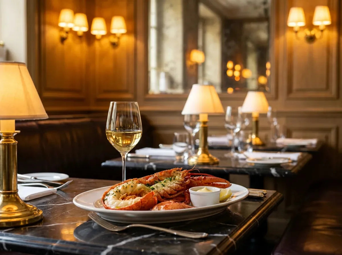 Homard grillé coupé en deux sur un plat blanc, pinces ouvertes, mayonnaise et citron, à côté d'un verre de vin blanc doré, dans un bistrot chic