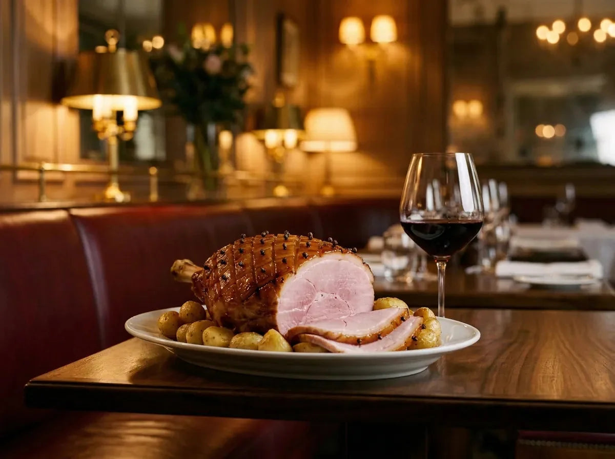 Jambon à l'os glacé au miel, trois tranches roses découpées et pommes de terre rôties, servi avec un verre de vin rouge rubis, dans un bistrot chic