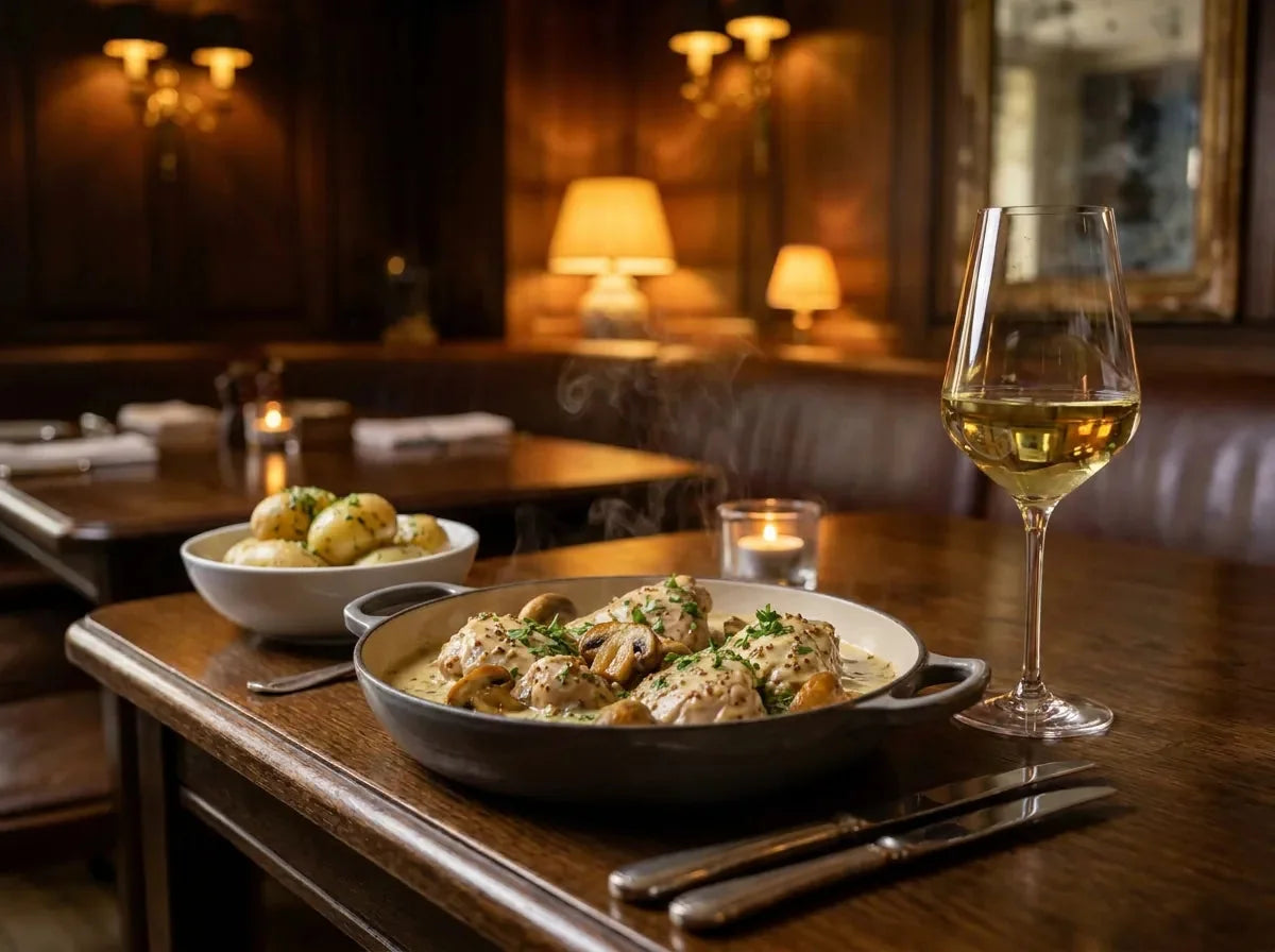 Lapin à la moutarde en cocotte, sauce crémeuse aux grains de moutarde et champignons, avec un verre de vin blanc jaune pâle, dans un bistrot chic
